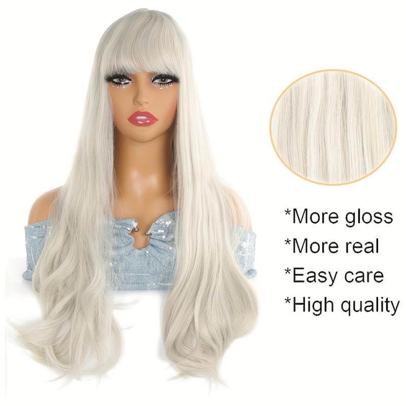 Long Curly Hair Replacement Wig With Bangs Natural Synthetic Lace Wig