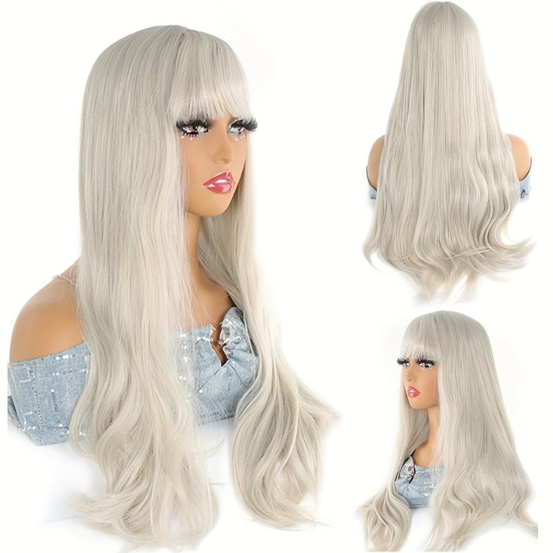 Long Curly Hair Replacement Wig With Bangs Natural Synthetic Lace Wig