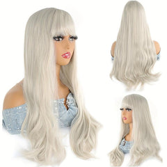 Long Curly Hair Replacement Wig With Bangs Natural Synthetic Lace Wig