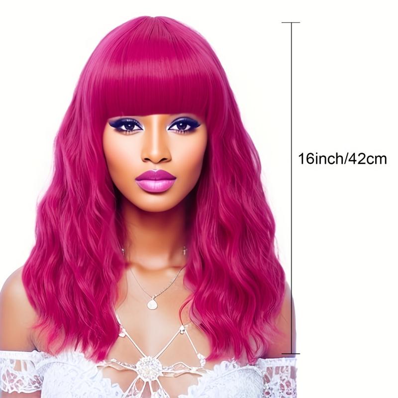 Long Wavy Pink Wig with Bangs for Women