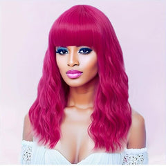 Long Wavy Pink Wig with Bangs for Women