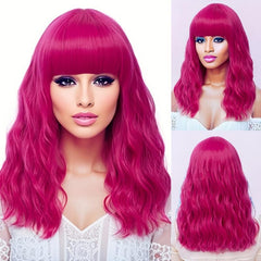 Long Wavy Pink Wig with Bangs for Women