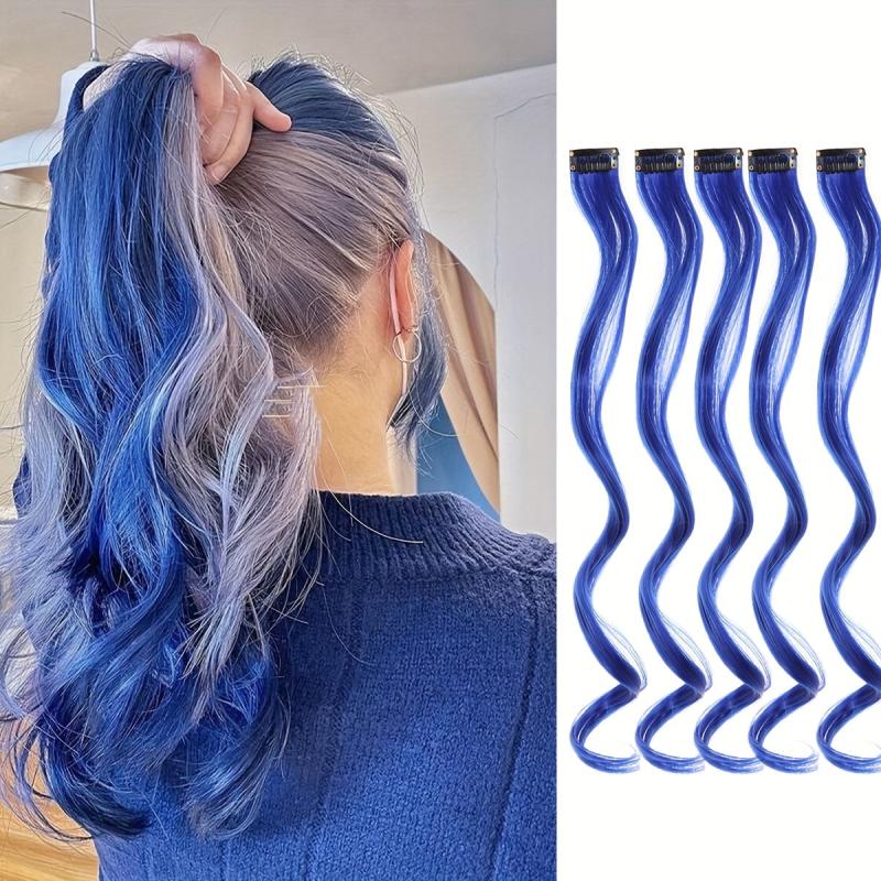 5Pcs Colored Hair Extensions Party Highlights Clip In Synthetic Streak