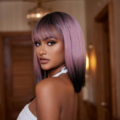 Pink Ombre Wig Shoulder Length Bob Wigs Middle Part Synthetic Full Wigs