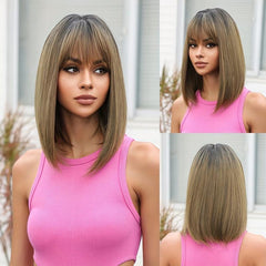 Pink Ombre Wig Shoulder Length Bob Wigs Middle Part Synthetic Full Wigs