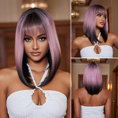 Pink Ombre Wig Shoulder Length Bob Wigs Middle Part Synthetic Full Wigs
