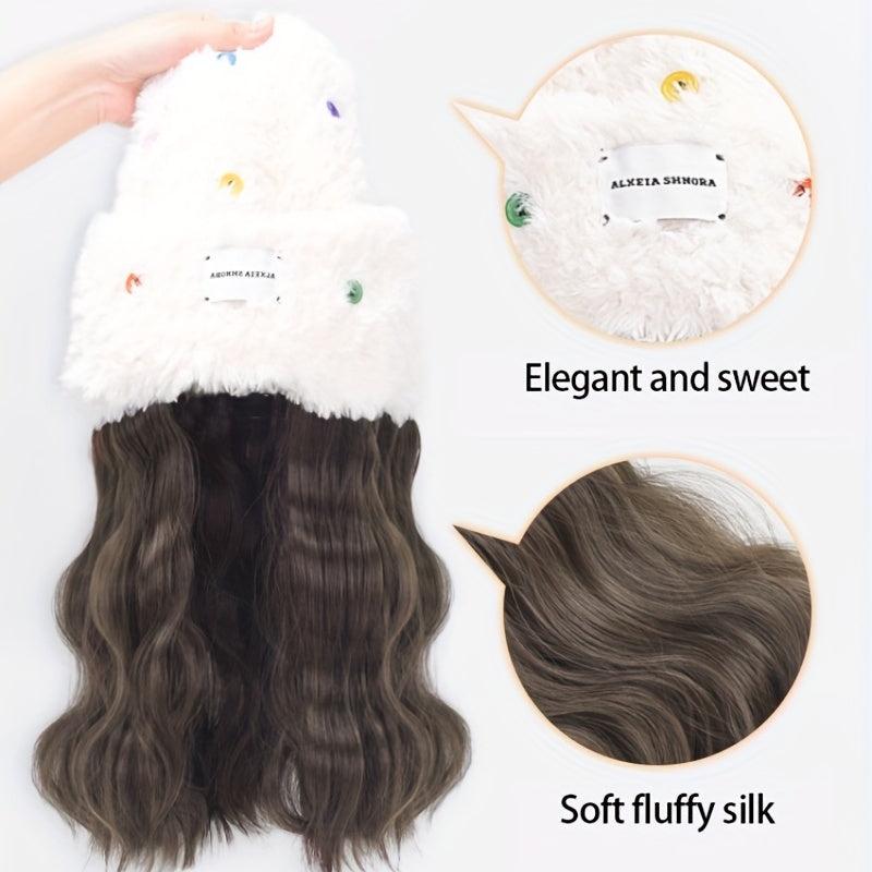 Knit Cap with Long Wavy Hair Women Autumn Winter Warm Beanie