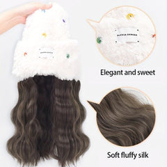 Knit Cap with Long Wavy Hair Women Autumn Winter Warm Beanie