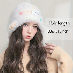 Knit Cap with Long Wavy Hair Women Autumn Winter Warm Beanie