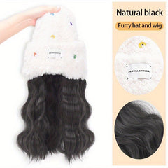 Knit Cap with Long Wavy Hair Women Autumn Winter Warm Beanie