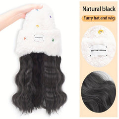 Knit Cap with Long Wavy Hair Women Autumn Winter Warm Beanie
