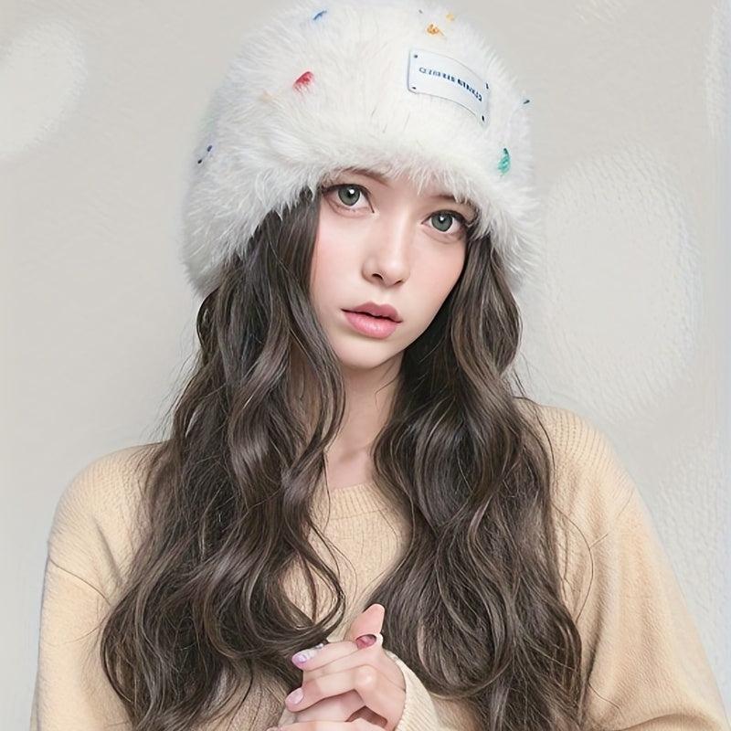 Knit Cap with Long Wavy Hair Women Autumn Winter Warm Beanie