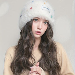 Knit Cap with Long Wavy Hair Women Autumn Winter Warm Beanie