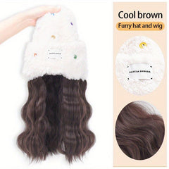Knit Cap with Long Wavy Hair Women Autumn Winter Warm Beanie