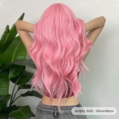 Pink Body Wave Hair Wig with Bangs for Daily Party Cosplay Use