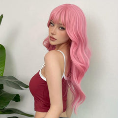 Pink Body Wave Hair Wig with Bangs for Daily Party Cosplay Use