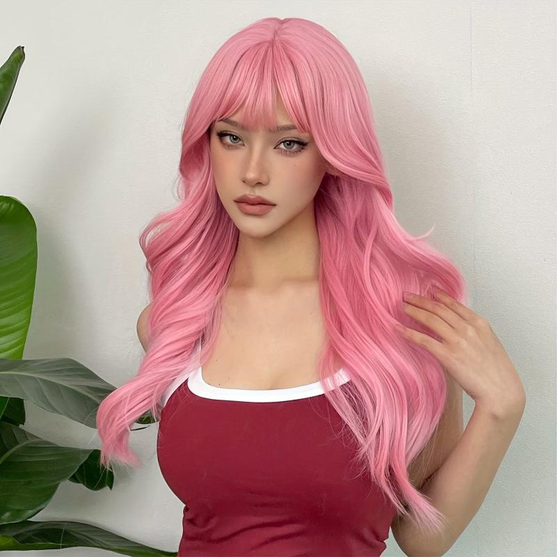 Pink Body Wave Hair Wig with Bangs for Daily Party Cosplay Use