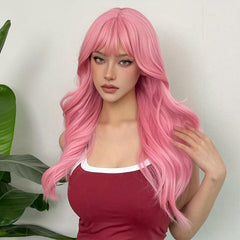 Pink Body Wave Hair Wig with Bangs for Daily Party Cosplay Use