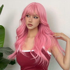 Pink Body Wave Hair Wig with Bangs for Daily Party Cosplay Use