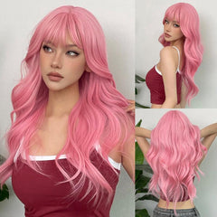 Pink Body Wave Hair Wig with Bangs for Daily Party Cosplay Use