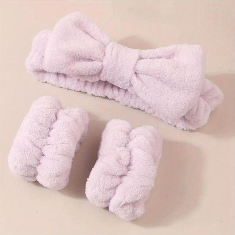 3pcs Bow Decor Spa Headband And Wristband Set Skin Care Headbands And Wristbands