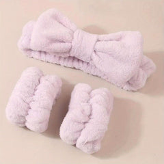 3pcs Bow Decor Spa Headband And Wristband Set Skin Care Headbands And Wristbands