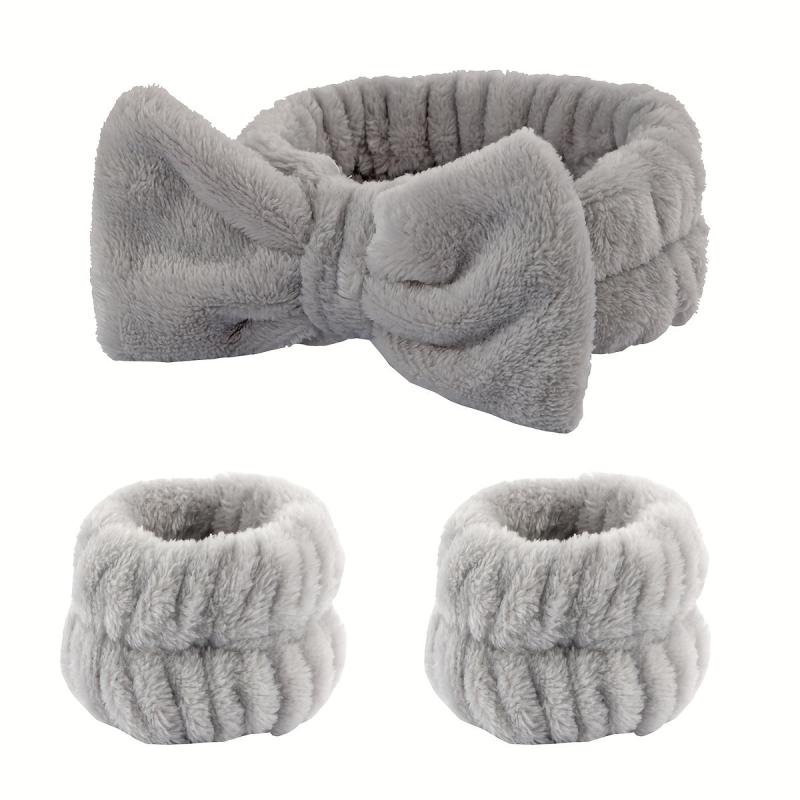 3pcs Bow Decor Spa Headband And Wristband Set Skin Care Headbands And Wristbands