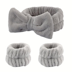 3pcs Bow Decor Spa Headband And Wristband Set Skin Care Headbands And Wristbands