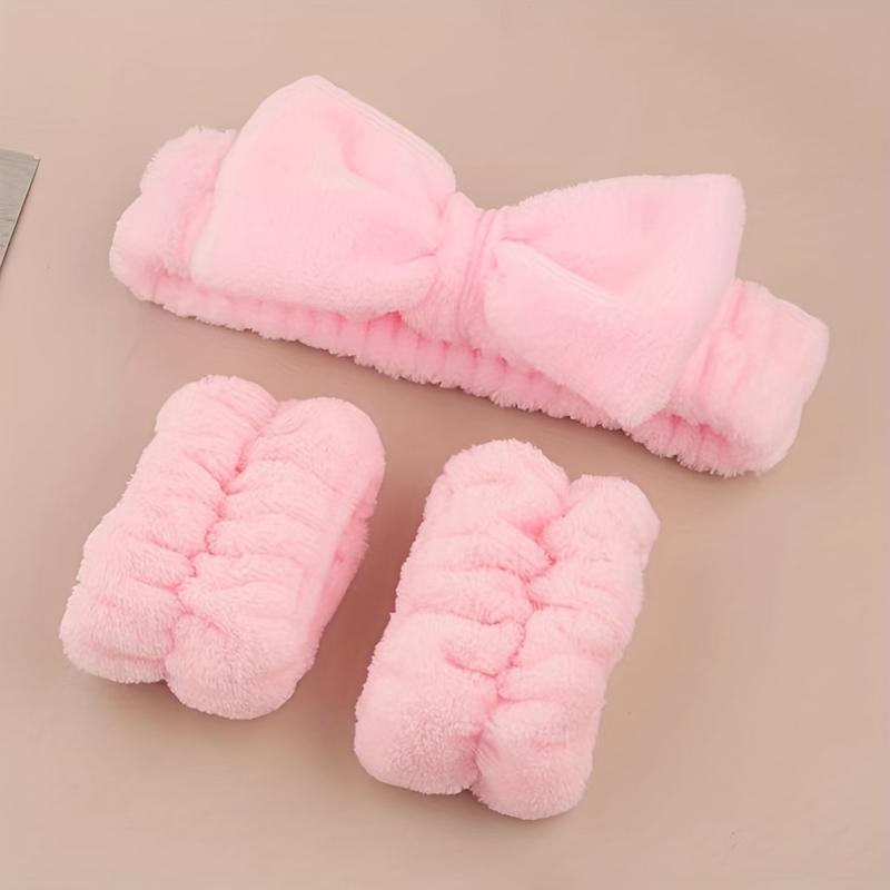 3pcs Bow Decor Spa Headband And Wristband Set Skin Care Headbands And Wristbands