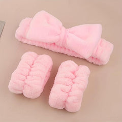 3pcs Bow Decor Spa Headband And Wristband Set Skin Care Headbands And Wristbands