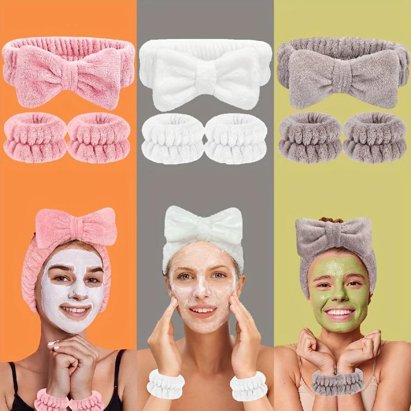 3pcs Bow Decor Spa Headband And Wristband Set Skin Care Headbands And Wristbands
