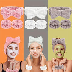 3pcs Bow Decor Spa Headband And Wristband Set Skin Care Headbands And Wristbands