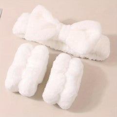 3pcs Bow Decor Spa Headband And Wristband Set Skin Care Headbands And Wristbands