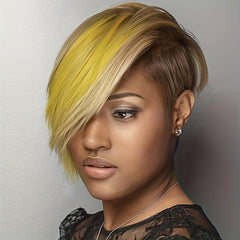 Short Pixie Cut Wig with Bangs Lemon Yellow Synthetic Layered Wigs