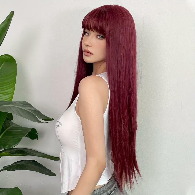 Wine Red 66cm Long Straight Synthetic Wig for Women Girls