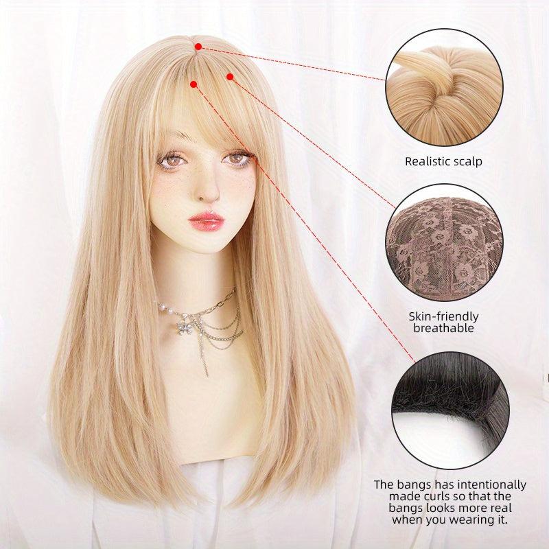 55 88 Cm Blonde Long Straight Hair Wigs With Bangs For Women
