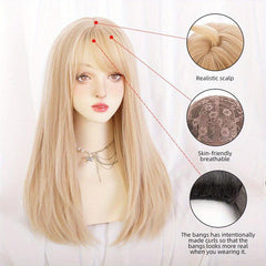 55 88 Cm Blonde Long Straight Hair Wigs With Bangs For Women