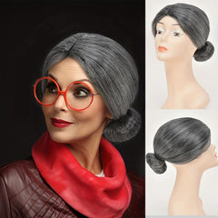 Grey Grandma Costume Wig with Hair Bun for Halloween Cosplay