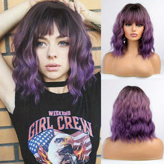 Purple Curly Wavy Wig With Bangs Natural Bob Wigs