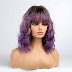Purple Curly Wavy Wig With Bangs Natural Bob Wigs