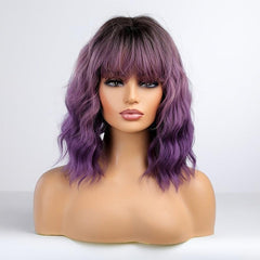 Purple Curly Wavy Wig With Bangs Natural Bob Wigs