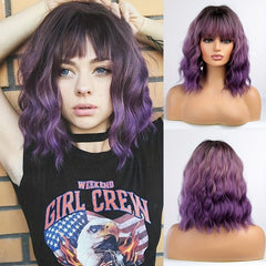 Purple Curly Wavy Wig With Bangs Natural Bob Wigs
