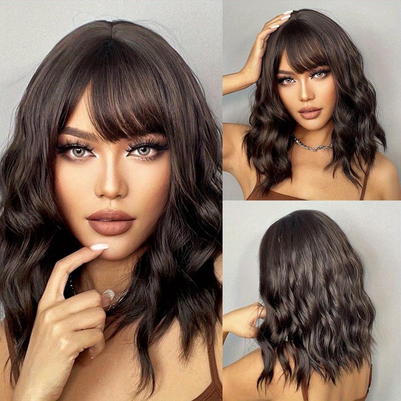 Purple Curly Wavy Wig With Bangs Natural Bob Wigs