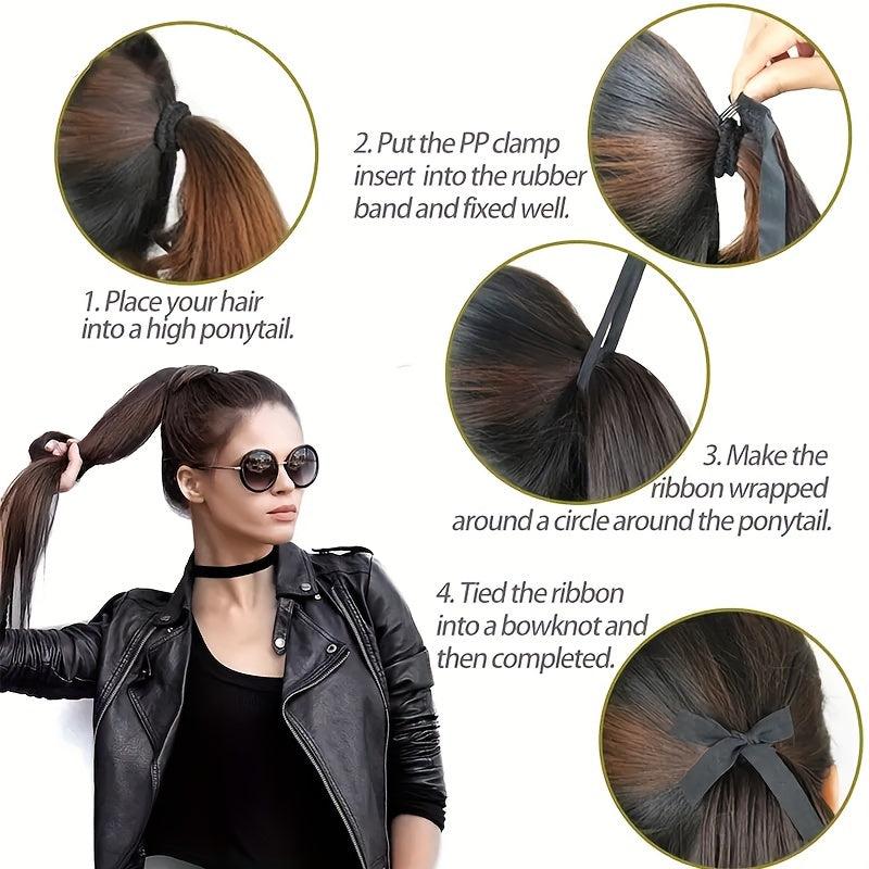 Long Straight Ponytail Extensions With Ribbon Ties