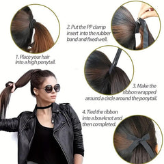 Long Straight Ponytail Extensions With Ribbon Ties
