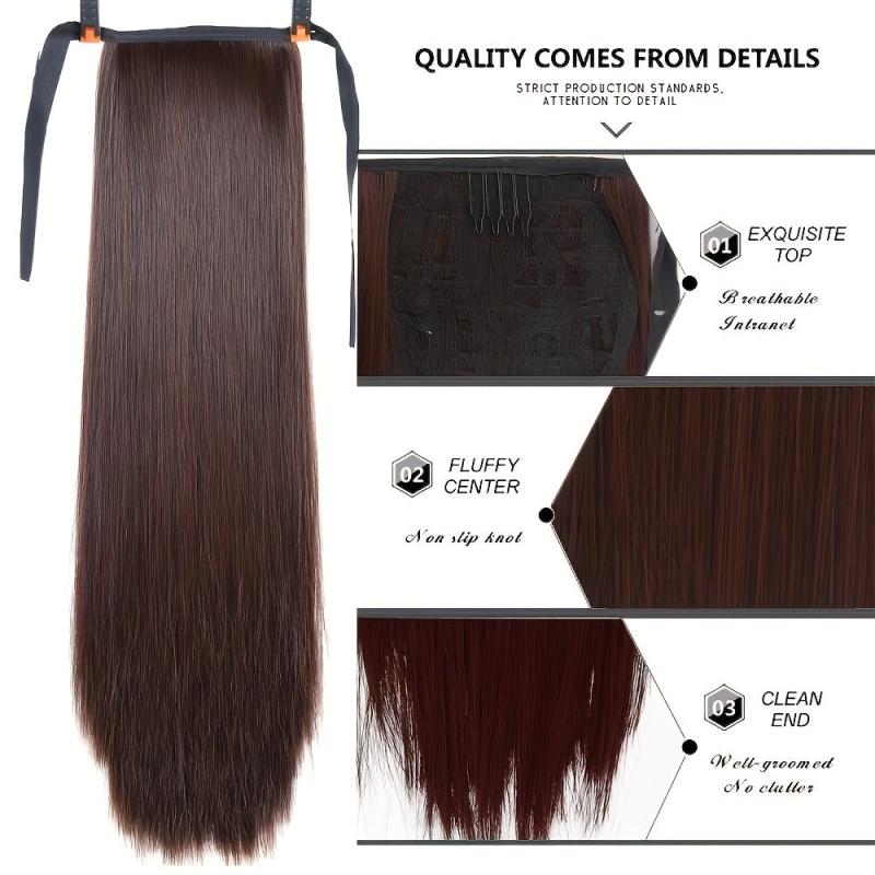 Long Straight Ponytail Extensions With Ribbon Ties