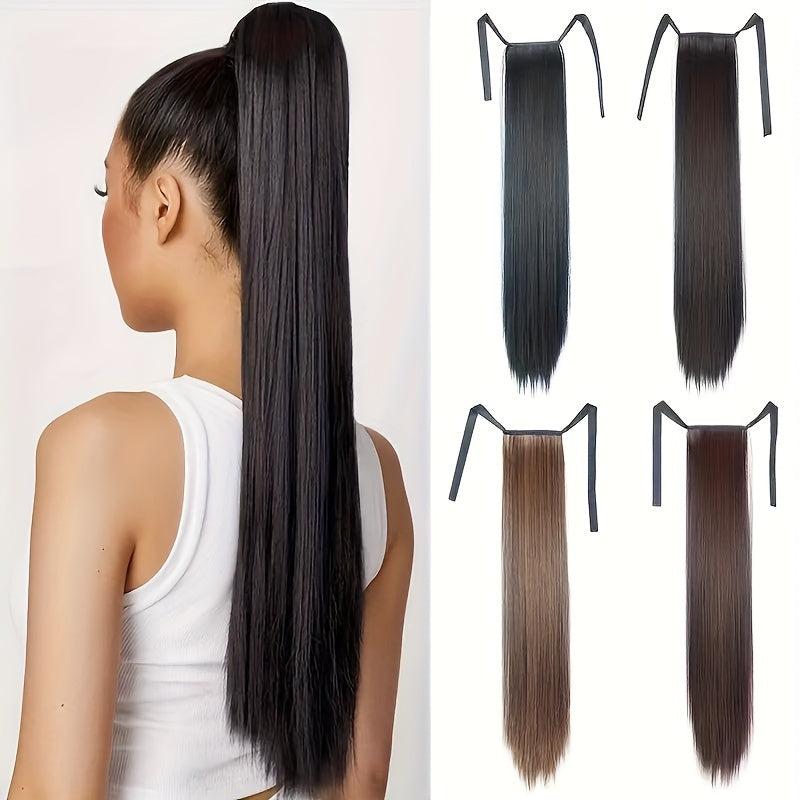 Long Straight Ponytail Extensions With Ribbon Ties