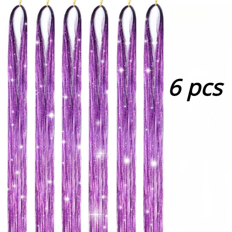 6pcs Y2K Tinsel Hair Extension Sparkle Glitter Rainbow Synthetic Crochet Hair