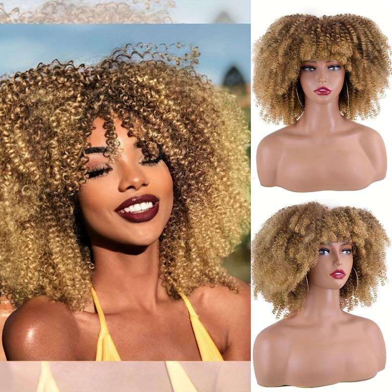 Short Curly Blonde Wig Afro Kinky Curly Wig Synthetic Ombre Brown Blonde