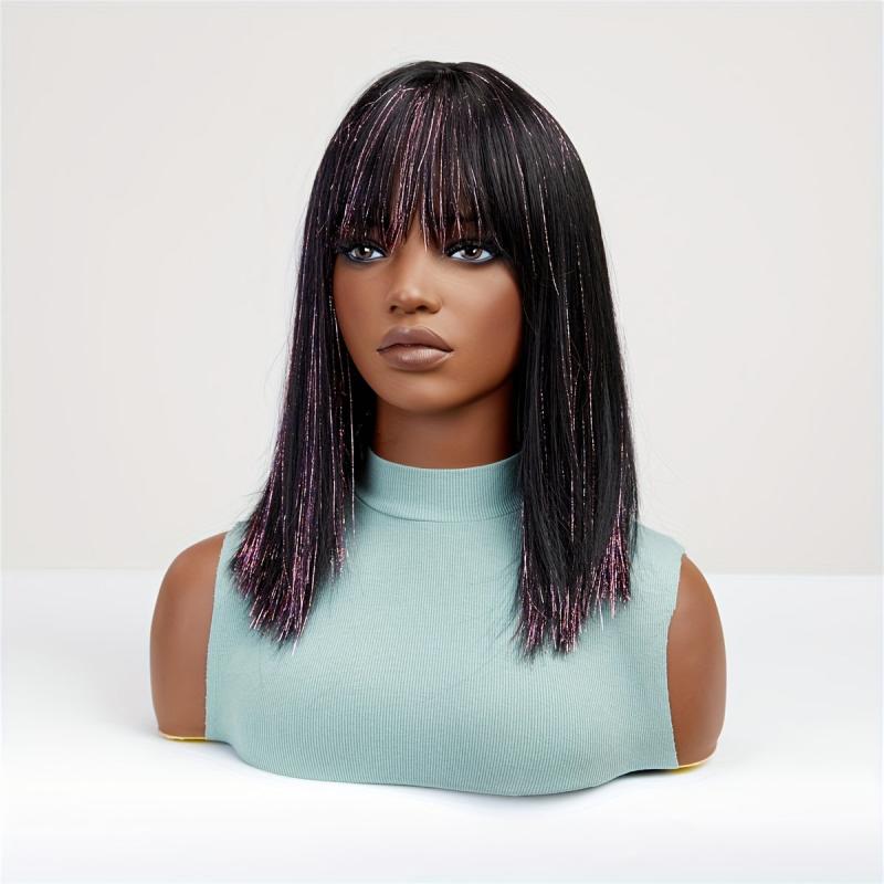 Shoulder Length Straight Wig With Highlights Neat Bangs